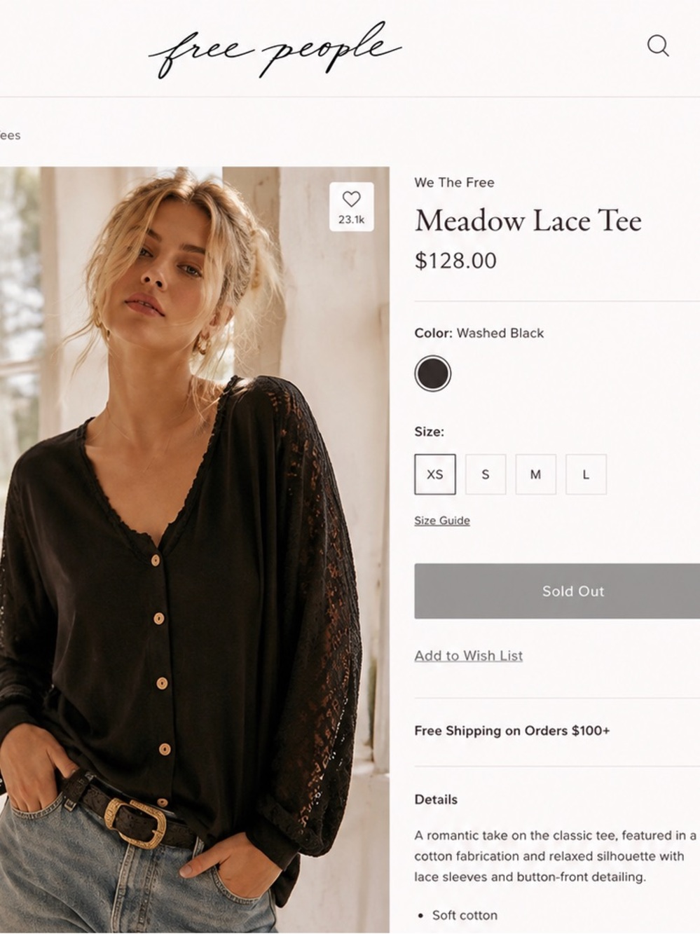 Free People Washed Black Meadow Lace Button-Front Top
